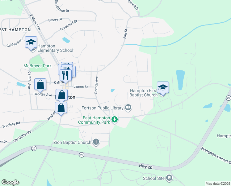 map of restaurants, bars, coffee shops, grocery stores, and more near 103 Eva Drive in Hampton