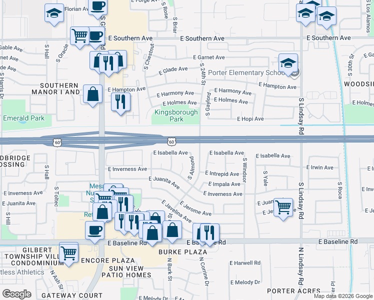 map of restaurants, bars, coffee shops, grocery stores, and more near 2328 East Isabella Avenue in Mesa