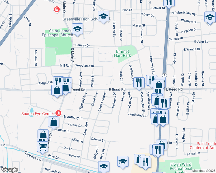 map of restaurants, bars, coffee shops, grocery stores, and more near 369 Crittenden Street in Greenville