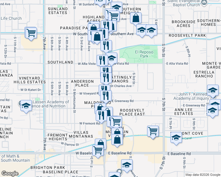 map of restaurants, bars, coffee shops, grocery stores, and more near 21 East Saint Charles Avenue in Phoenix