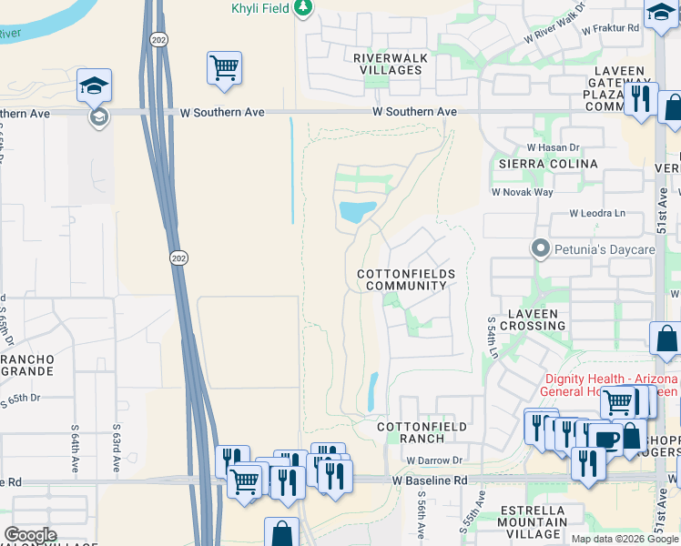 map of restaurants, bars, coffee shops, grocery stores, and more near 6638 South Cottonfields Lane in Phoenix