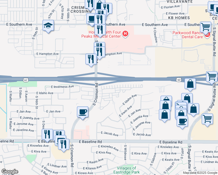map of restaurants, bars, coffee shops, grocery stores, and more near 10056 East Isleta Avenue in Mesa