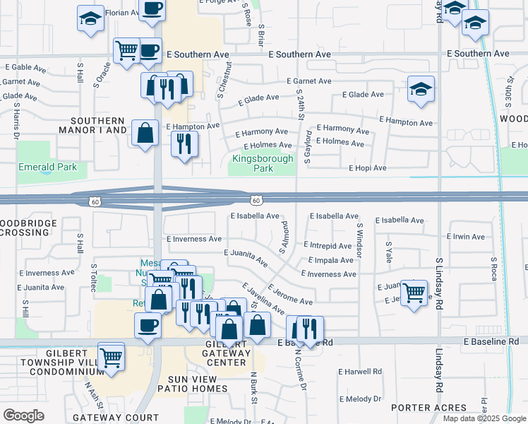 map of restaurants, bars, coffee shops, grocery stores, and more near 2328 East Isabella Avenue in Mesa