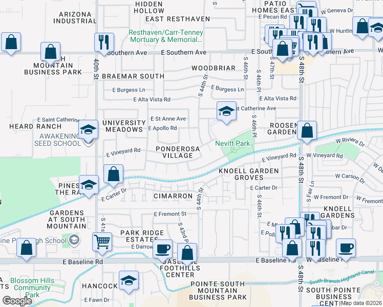 map of restaurants, bars, coffee shops, grocery stores, and more near 4350 East Darrel Road in Phoenix