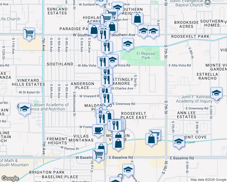 map of restaurants, bars, coffee shops, grocery stores, and more near 21 East Saint Charles Avenue in Phoenix