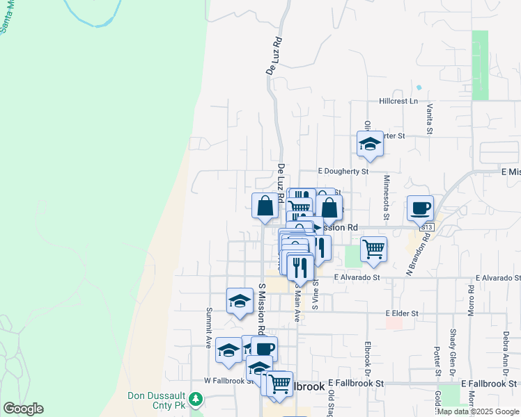 map of restaurants, bars, coffee shops, grocery stores, and more near 438 North Hill Avenue in Fallbrook