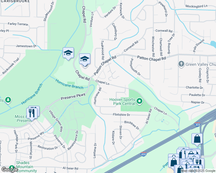 map of restaurants, bars, coffee shops, grocery stores, and more near 3434 Chapel Lane in Birmingham