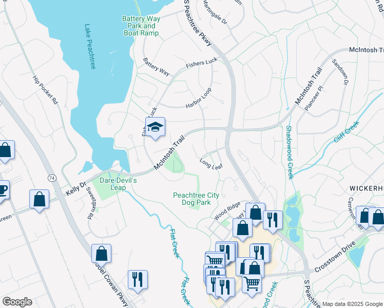 map of restaurants, bars, coffee shops, grocery stores, and more near 141 Long Leaf in Peachtree City