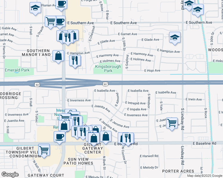 map of restaurants, bars, coffee shops, grocery stores, and more near 2328 East Isabella Avenue in Mesa