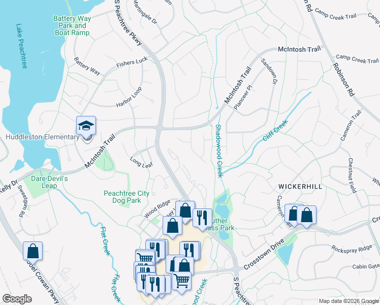 map of restaurants, bars, coffee shops, grocery stores, and more near 108 Glendale Drive in Peachtree City