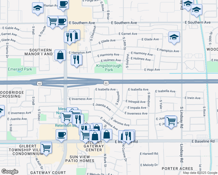 map of restaurants, bars, coffee shops, grocery stores, and more near 2328 East Isabella Avenue in Mesa
