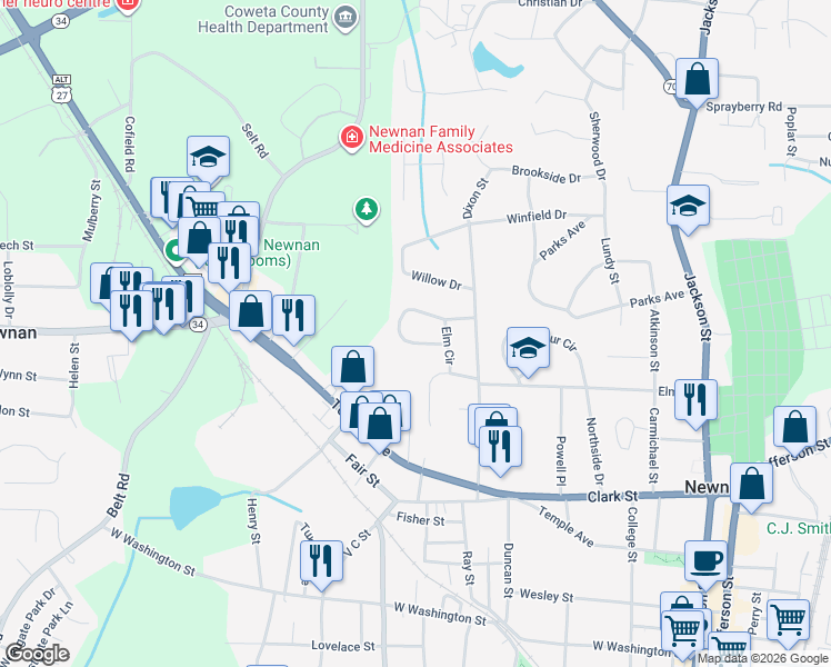 map of restaurants, bars, coffee shops, grocery stores, and more near 13 Maple Drive in Newnan