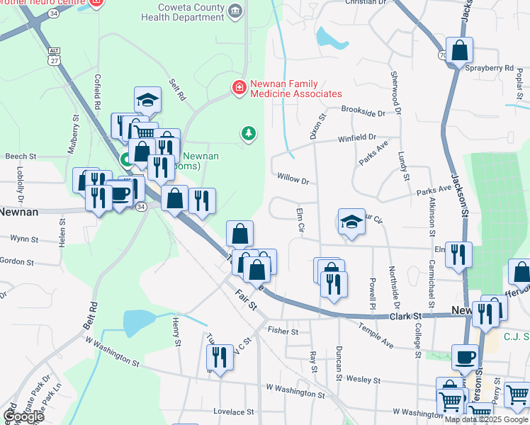 map of restaurants, bars, coffee shops, grocery stores, and more near 13 Maple Drive in Newnan