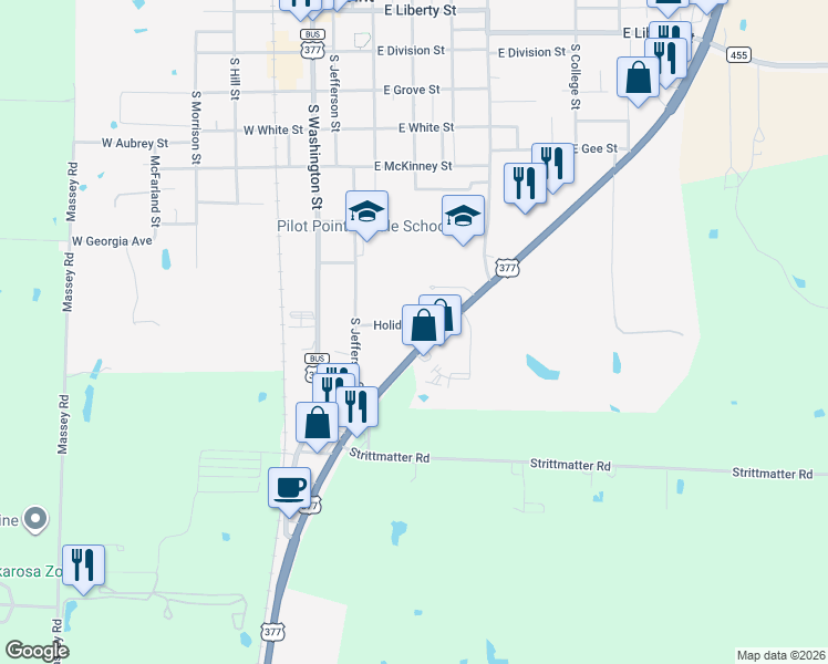 map of restaurants, bars, coffee shops, grocery stores, and more near 251 Holiday Street in Pilot Point