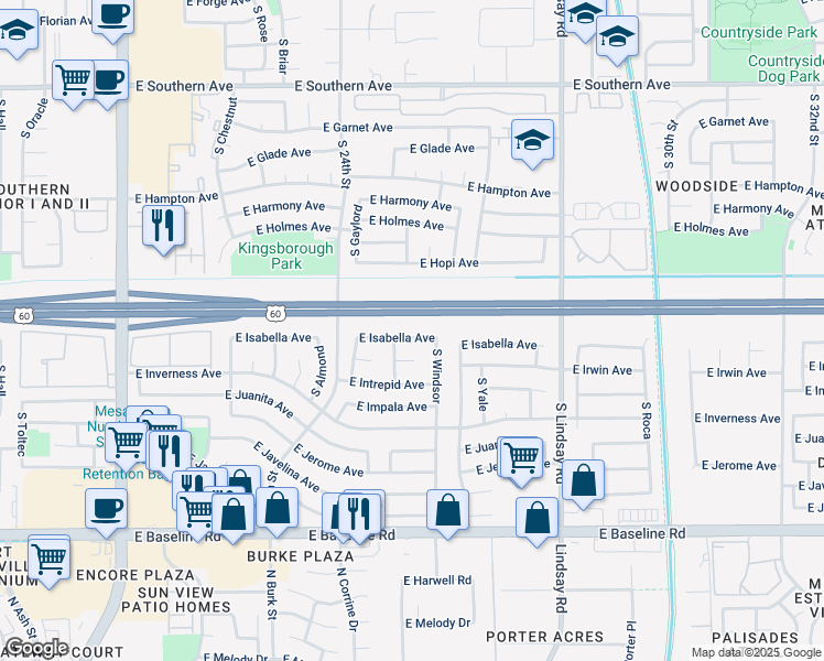 map of restaurants, bars, coffee shops, grocery stores, and more near 2520 East Isabella Avenue in Mesa
