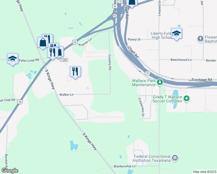 map of restaurants, bars, coffee shops, grocery stores, and more near 554 Country Road in Texarkana
