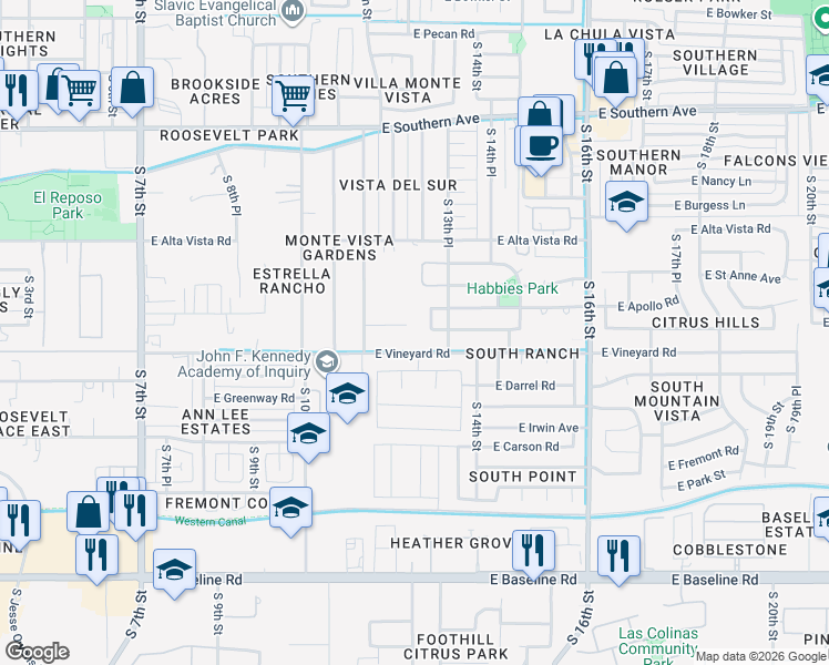 map of restaurants, bars, coffee shops, grocery stores, and more near 6635 South 12th Street in Phoenix
