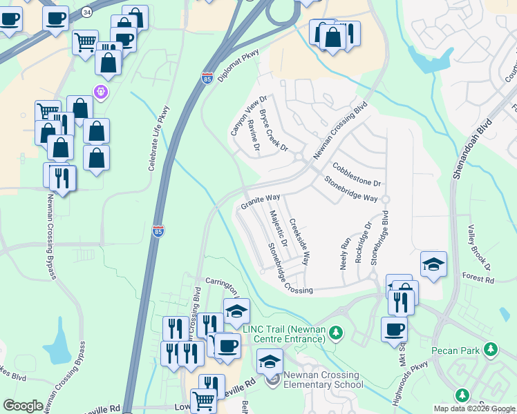 map of restaurants, bars, coffee shops, grocery stores, and more near 150 Stonebridge Crossing in Newnan
