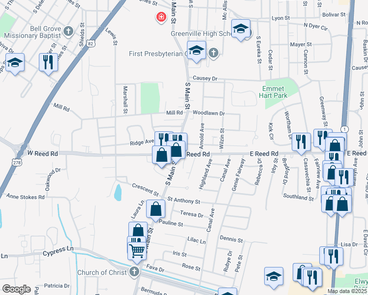map of restaurants, bars, coffee shops, grocery stores, and more near 111 Crittenden Street in Greenville