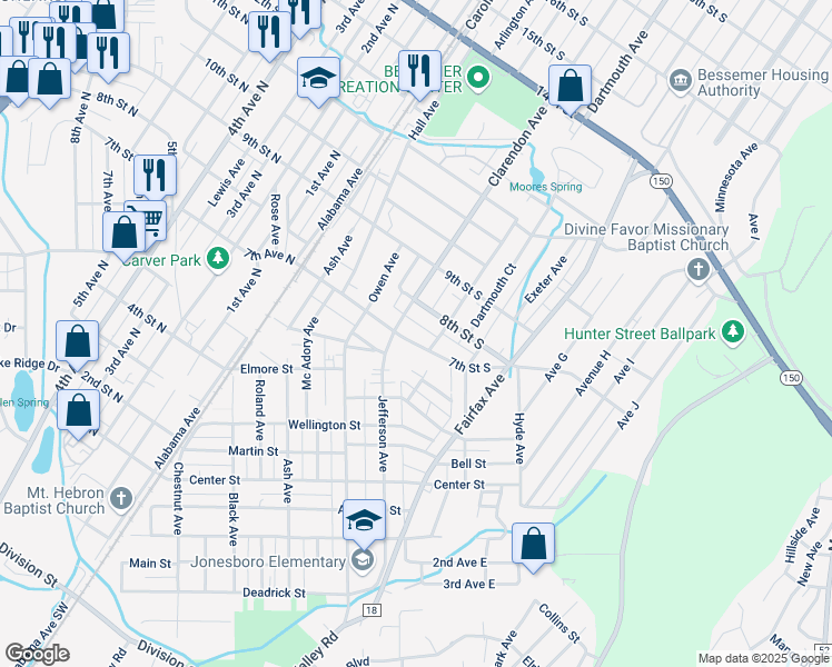 map of restaurants, bars, coffee shops, grocery stores, and more near 411 7th St S in Bessemer