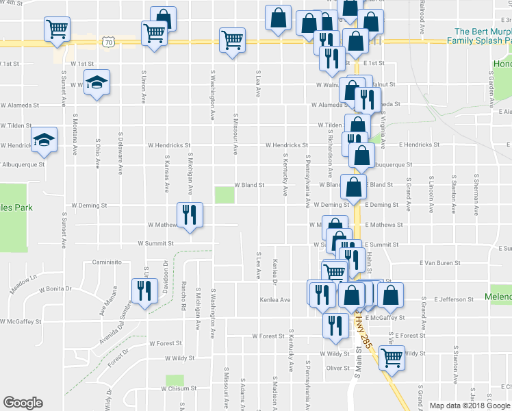 map of restaurants, bars, coffee shops, grocery stores, and more near 512 W Deming St in Roswell
