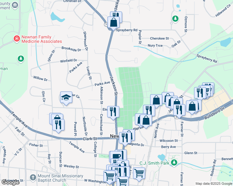 map of restaurants, bars, coffee shops, grocery stores, and more near 9 Charles Place in Newnan