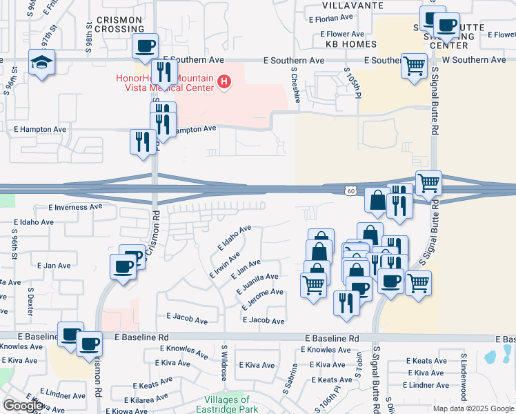 map of restaurants, bars, coffee shops, grocery stores, and more near 10266 East Isleta Avenue in Mesa