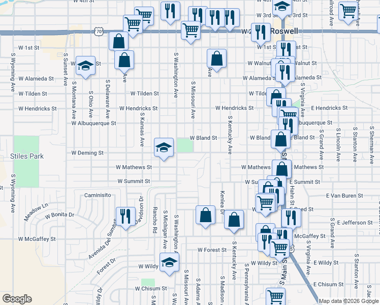 map of restaurants, bars, coffee shops, grocery stores, and more near 516 West Deming Street in Roswell