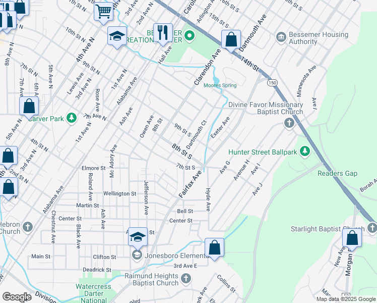 map of restaurants, bars, coffee shops, grocery stores, and more near 801 Dartmouth Court in Bessemer