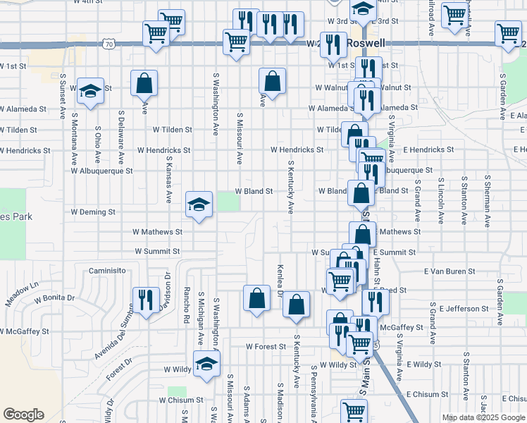 map of restaurants, bars, coffee shops, grocery stores, and more near 801 South Lea Avenue in Roswell