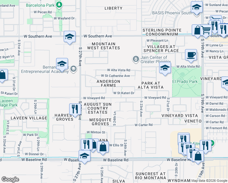 map of restaurants, bars, coffee shops, grocery stores, and more near 2417 West Saint Kateri Drive in Phoenix