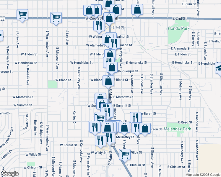 map of restaurants, bars, coffee shops, grocery stores, and more near 100 East Deming Street in Roswell