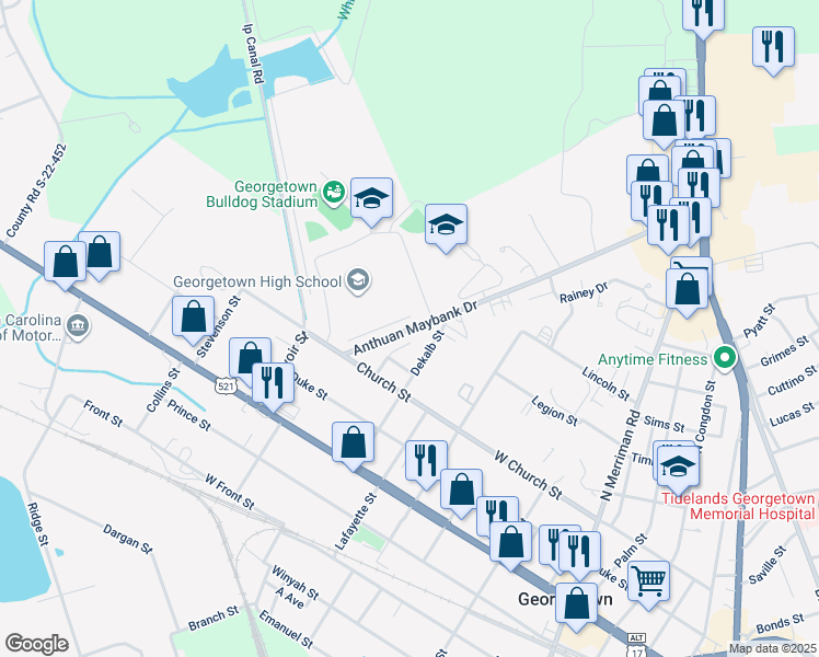 map of restaurants, bars, coffee shops, grocery stores, and more near 2400 Anthuan Maybank Drive in Georgetown