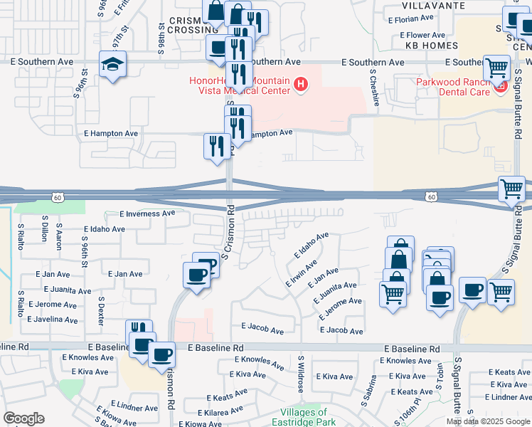 map of restaurants, bars, coffee shops, grocery stores, and more near 10056 East Isleta Avenue in Mesa