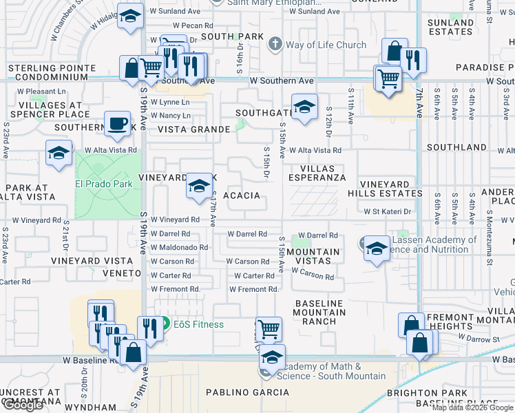 map of restaurants, bars, coffee shops, grocery stores, and more near 1533 West Saint Kateri Drive in Phoenix