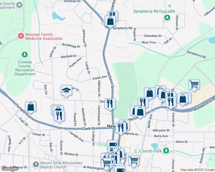 map of restaurants, bars, coffee shops, grocery stores, and more near 146 Jackson Street in Newnan