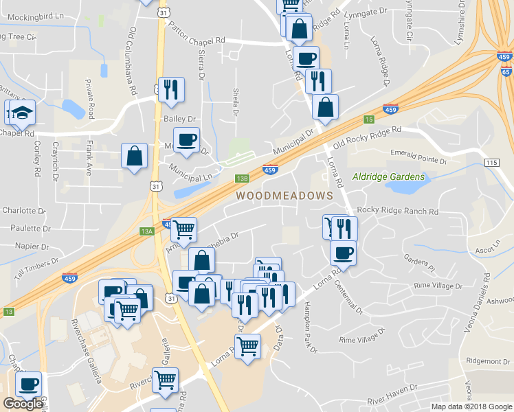 map of restaurants, bars, coffee shops, grocery stores, and more near Heritage Park Lane in Hoover