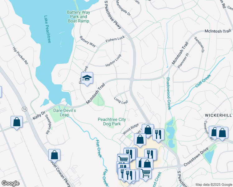 map of restaurants, bars, coffee shops, grocery stores, and more near 301 Park Leaf in Peachtree City