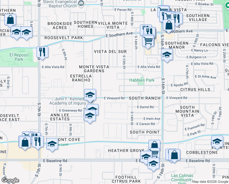 map of restaurants, bars, coffee shops, grocery stores, and more near 6635 South 12th Street in Phoenix