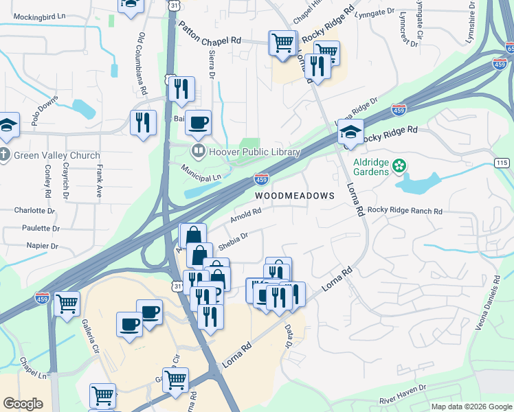 map of restaurants, bars, coffee shops, grocery stores, and more near 361 Heritage Drive in Birmingham
