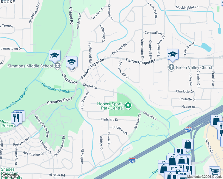 map of restaurants, bars, coffee shops, grocery stores, and more near 3444 Chapel Lane in Birmingham