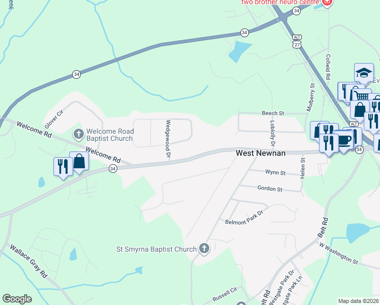 map of restaurants, bars, coffee shops, grocery stores, and more near 91 Franklin Road in Newnan