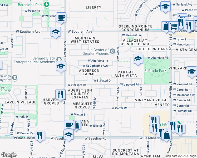map of restaurants, bars, coffee shops, grocery stores, and more near 2417 West Saint Kateri Drive in Phoenix