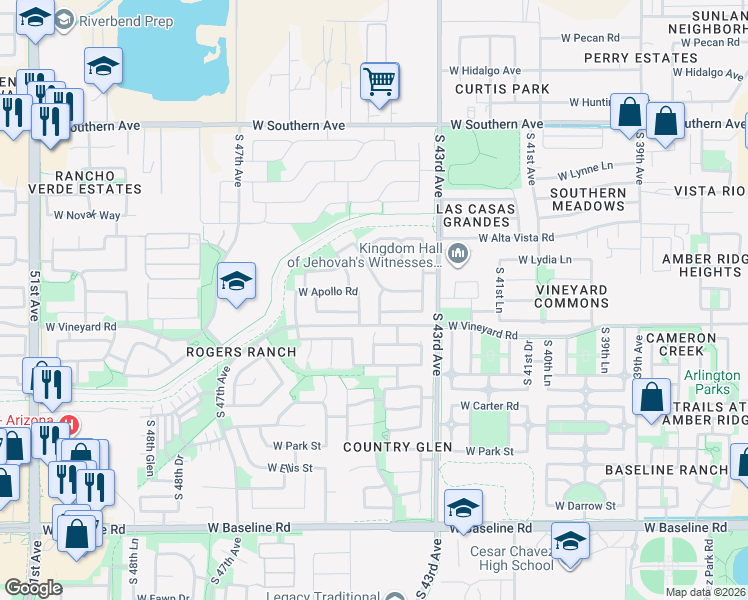 map of restaurants, bars, coffee shops, grocery stores, and more near 6628 South 44th Avenue in Phoenix