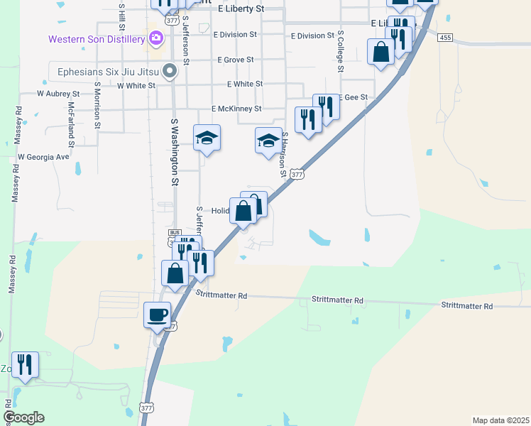 map of restaurants, bars, coffee shops, grocery stores, and more near 1045 U.S. 377 in Pilot Point