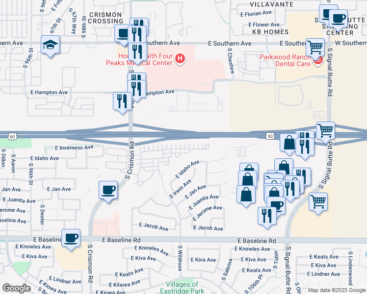 map of restaurants, bars, coffee shops, grocery stores, and more near 10208 East Isleta Avenue in Mesa
