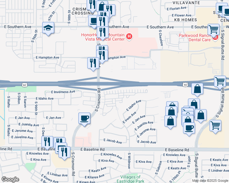 map of restaurants, bars, coffee shops, grocery stores, and more near 10056 East Isleta Avenue in Mesa