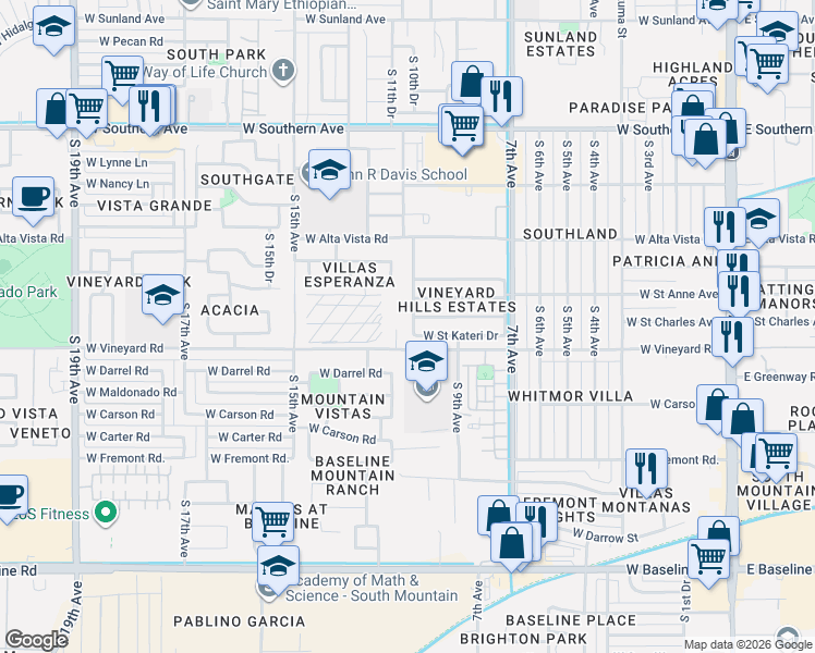 map of restaurants, bars, coffee shops, grocery stores, and more near 6630 South 10th Drive in Phoenix