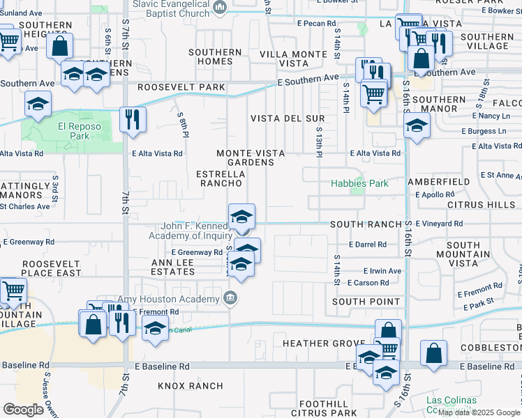 map of restaurants, bars, coffee shops, grocery stores, and more near 6641 South 12th Street in Phoenix