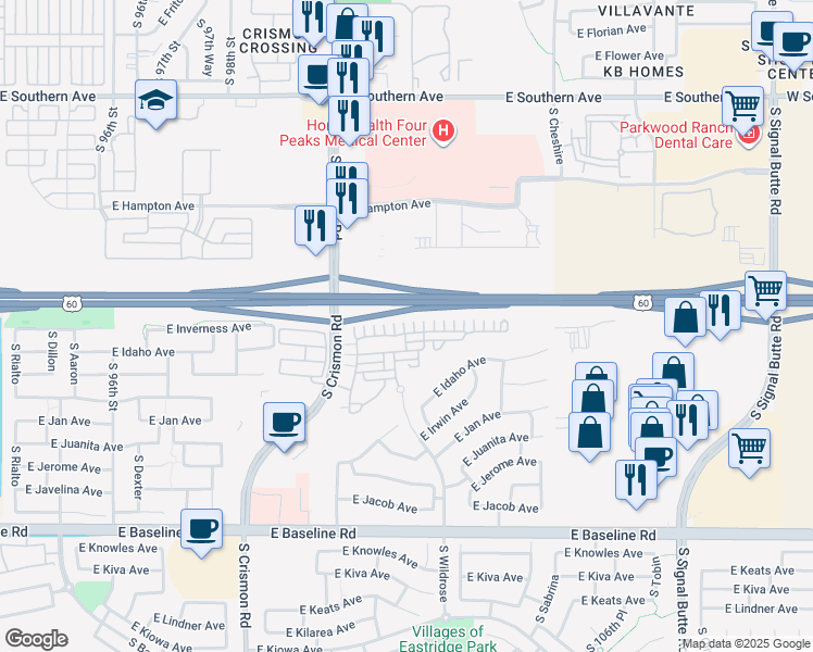 map of restaurants, bars, coffee shops, grocery stores, and more near 10122 East Isleta Avenue in Mesa